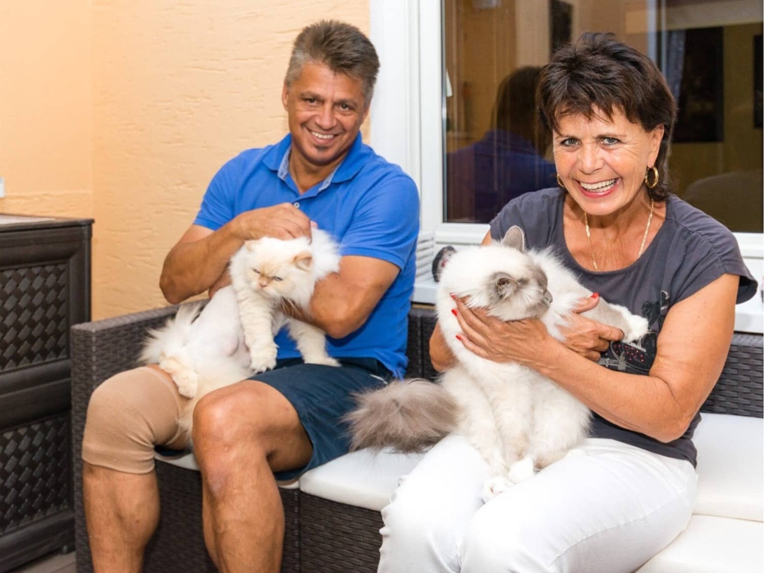 Elke und Wolfgang Mero sitzen lachend auf einem Rattansofa, jeder mit einer heiligen Birma-Katze auf dem Schoß